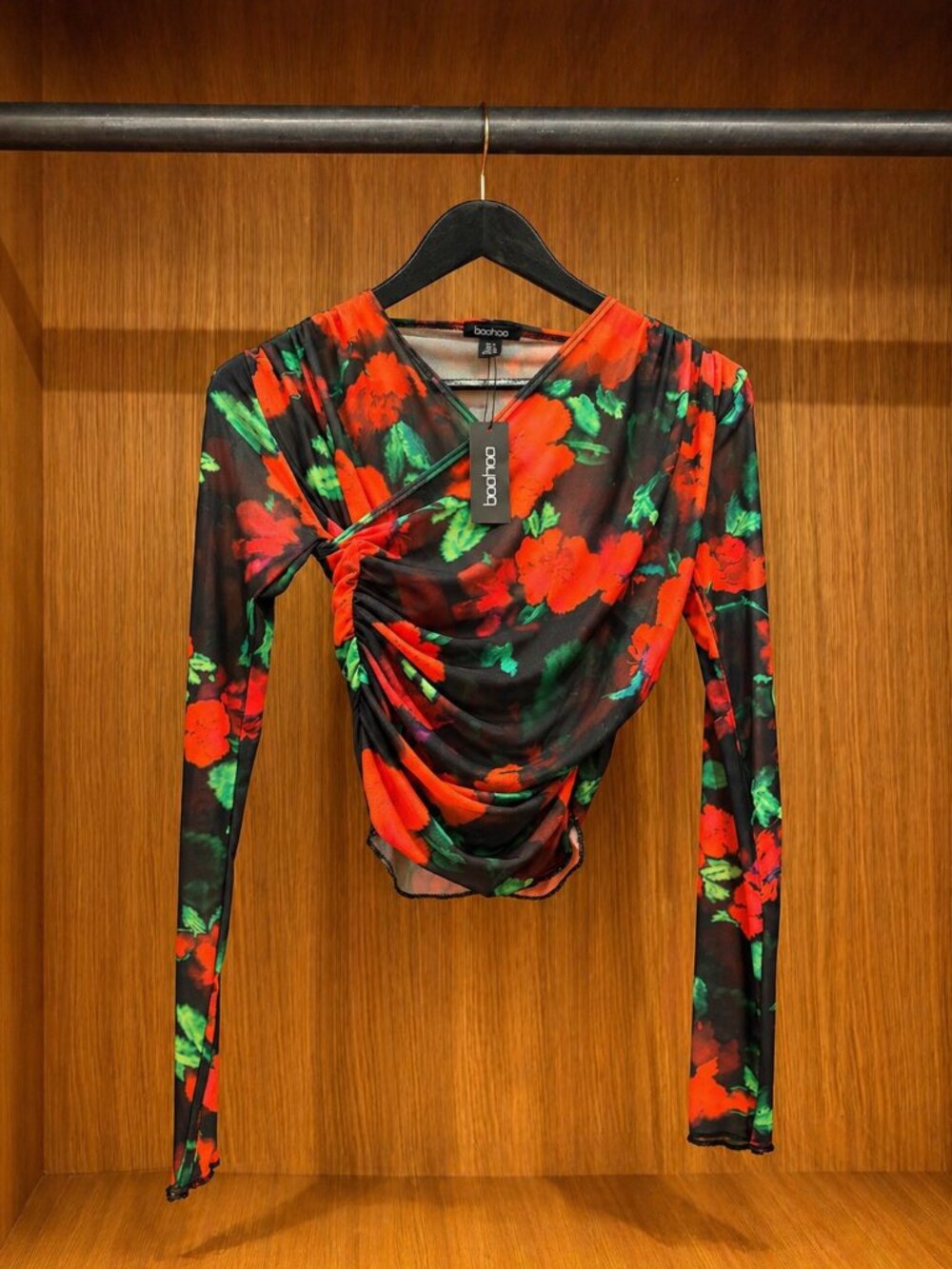 Boohoo Printed Mesh Wrap Front Long Sleeve Top